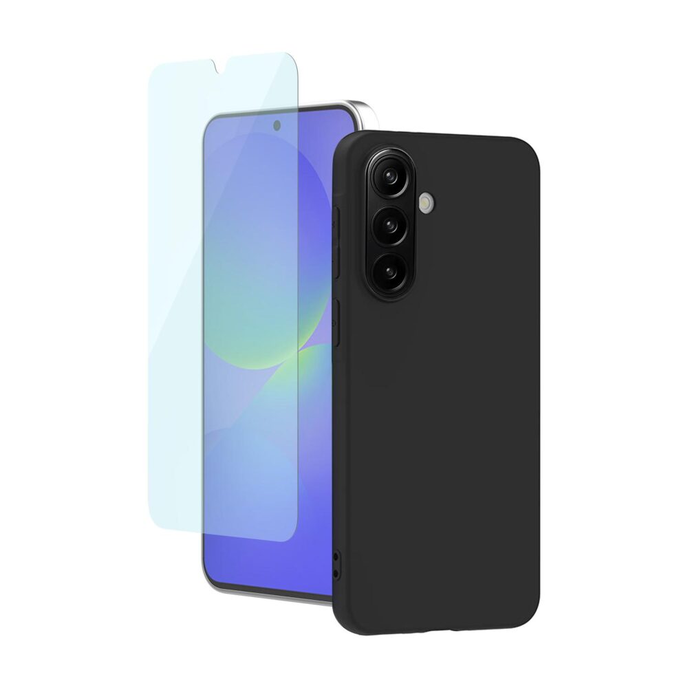 Black Mobeen case and tempered glass screen protector shown with the Samsung Galaxy A27 5G from an angled view.