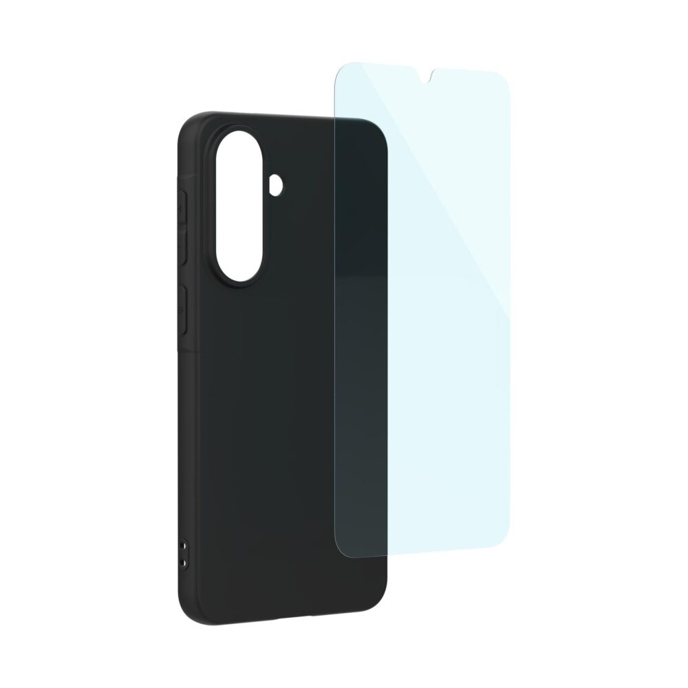 Black Mobeen case and tempered glass screen protector for the Samsung Galaxy A27 5G shown in an exploded angled view.