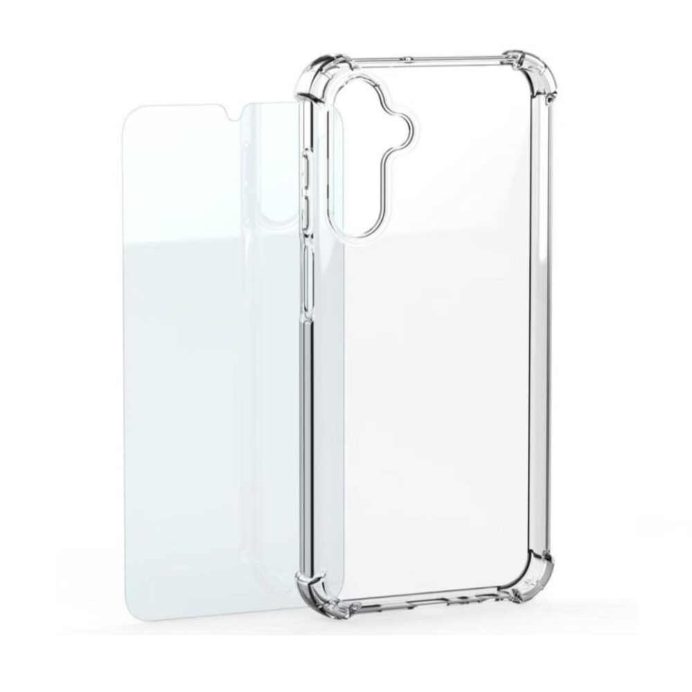 Clear Mobeen case and tempered glass screen protector for the Samsung Galaxy A27 5G shown in an exploded view.