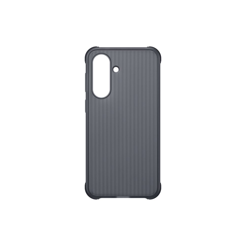 Black Samsung Galaxy A57 5G Rugged Case shown without the phone from the rear with its vertical ribbed texture.