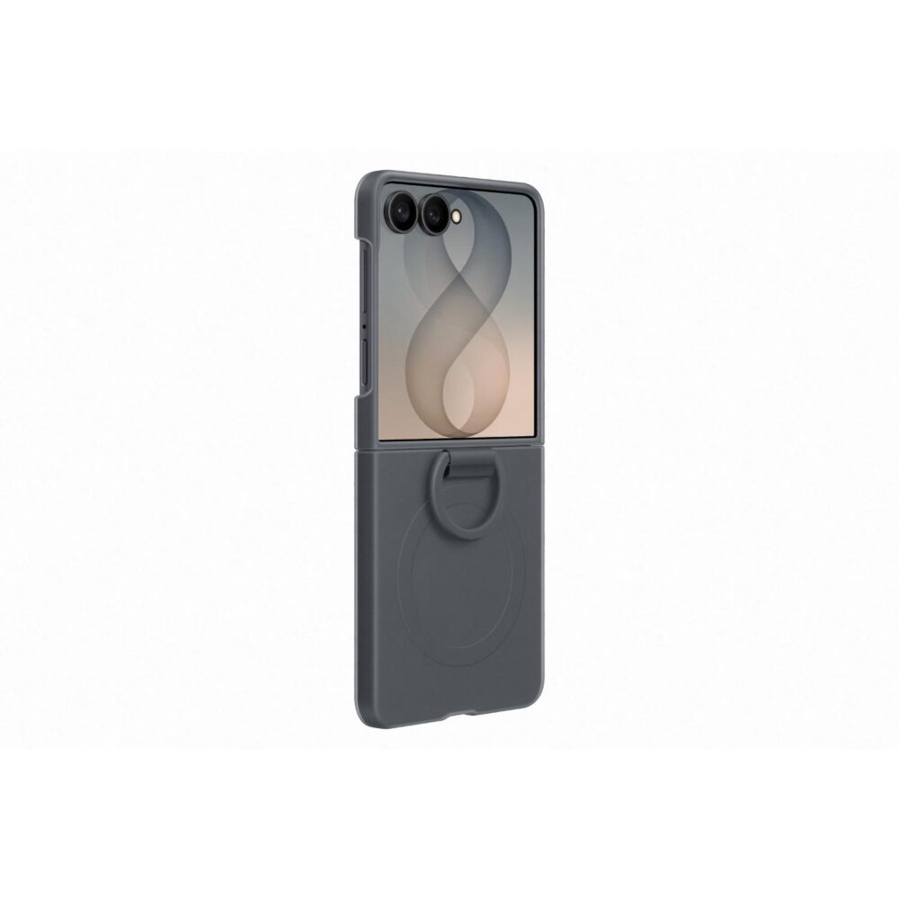 Black Samsung Galaxy Z Flip8 Silicone Magnet Case shown from a rear angle with the integrated ring folded against the case