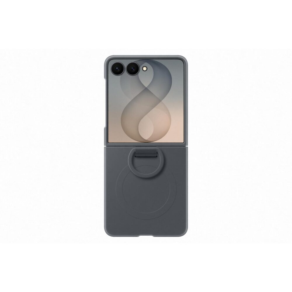 Rear view of the black Samsung Galaxy Z Flip8 Silicone Magnet Case fitted to an open phone, with the ring folded flat