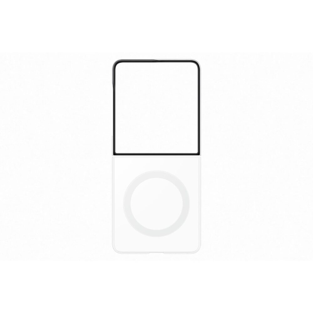 Clear Samsung Galaxy Z Flip8 case shown without a phone, featuring a black cover-screen frame and white magnetic ring