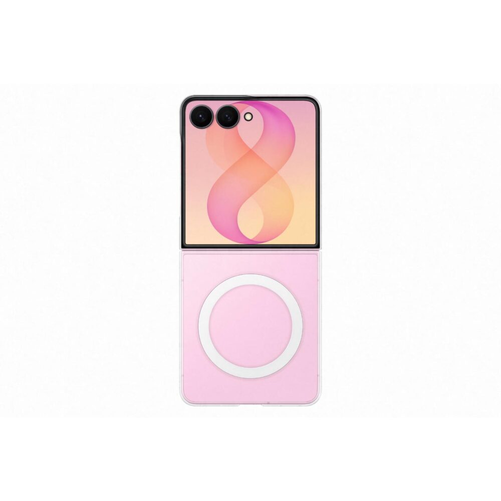 Rear view of the clear Samsung Galaxy Z Flip8 Magnet Case fitted to an open pink phone with the circular magnetic ring visible