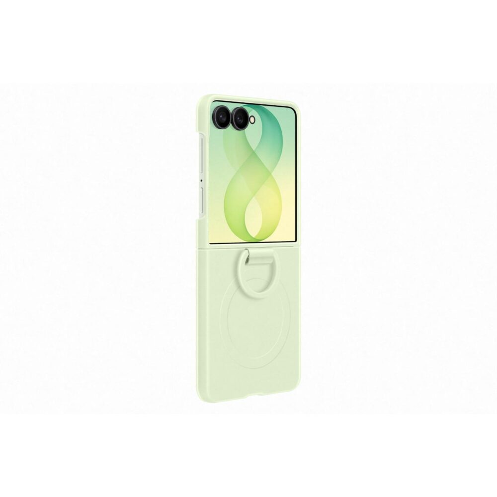 Green Samsung Galaxy Z Flip8 Silicone Magnet Case shown from a rear angle with the folded ring and magnetic circle visible
