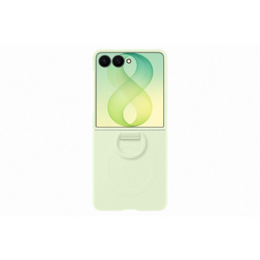 Rear view of the green Samsung Galaxy Z Flip8 Silicone Magnet Case fitted to an open phone, with the integrated ring folded flat