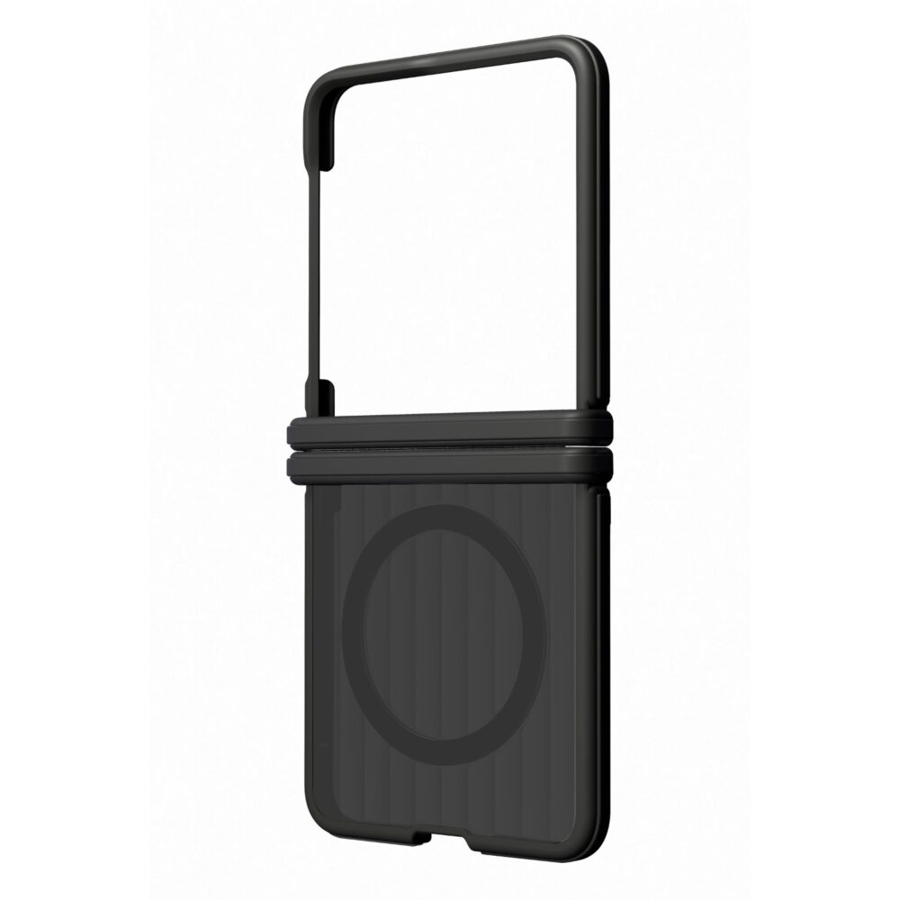Black Samsung Galaxy Z Flip8 SMAPP Hybrid Shield Magnet Case shown from an angled rear view with the magnetic ring and hinge protection visible.