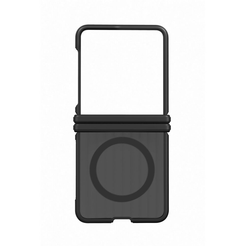 Black Samsung Galaxy Z Flip8 SMAPP Hybrid Shield Magnet Case shown from the rear with the magnetic ring and hinge protection visible.
