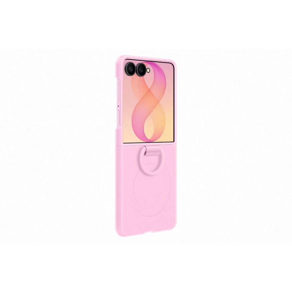 Violet Samsung Galaxy Z Flip8 Silicone Magnet Case shown from a rear angle with the folded ring and magnetic circle visible