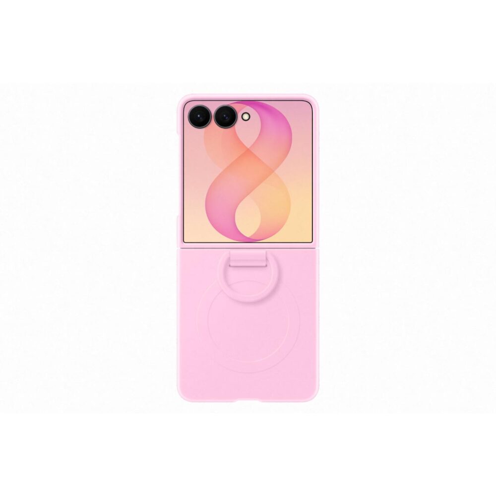 Rear view of the violet Samsung Galaxy Z Flip8 Silicone Magnet Case fitted to an open phone, with the integrated ring folded flat