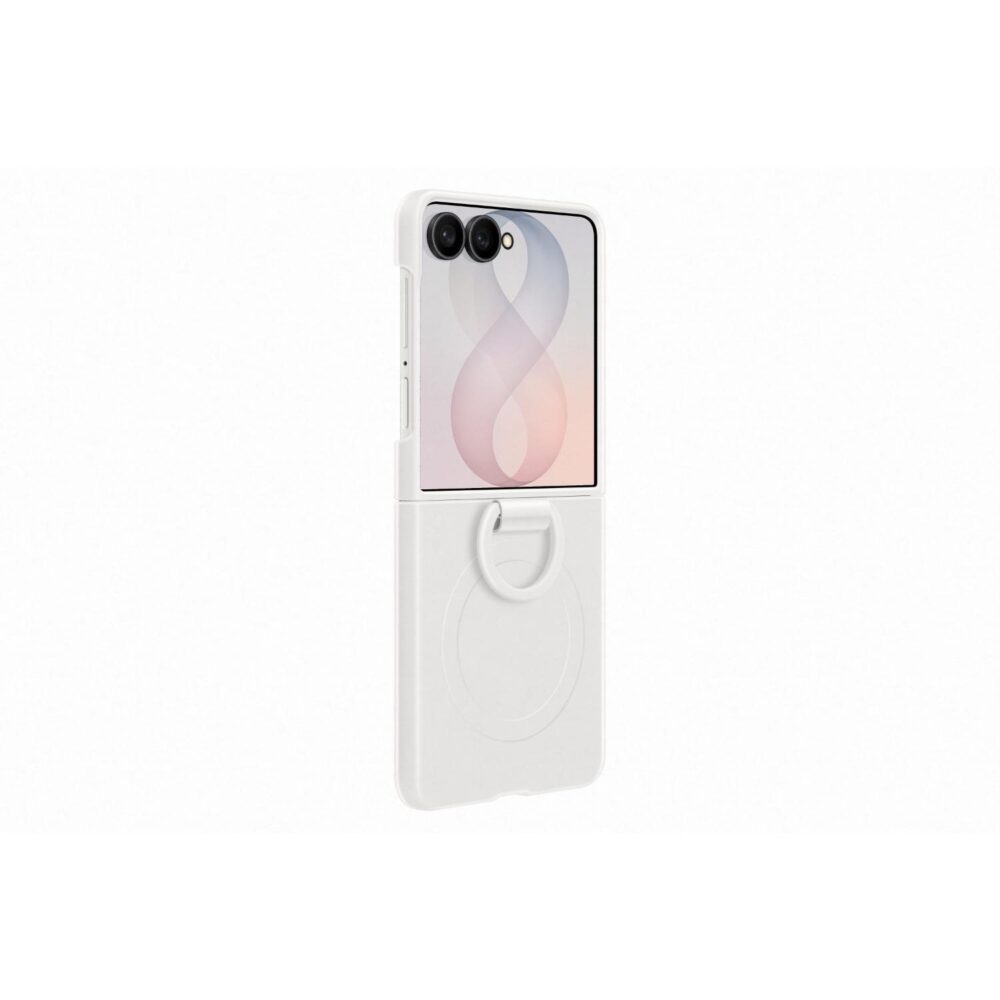White Samsung Galaxy Z Flip8 Silicone Magnet Case shown from a rear angle with the folded ring and magnetic circle visible