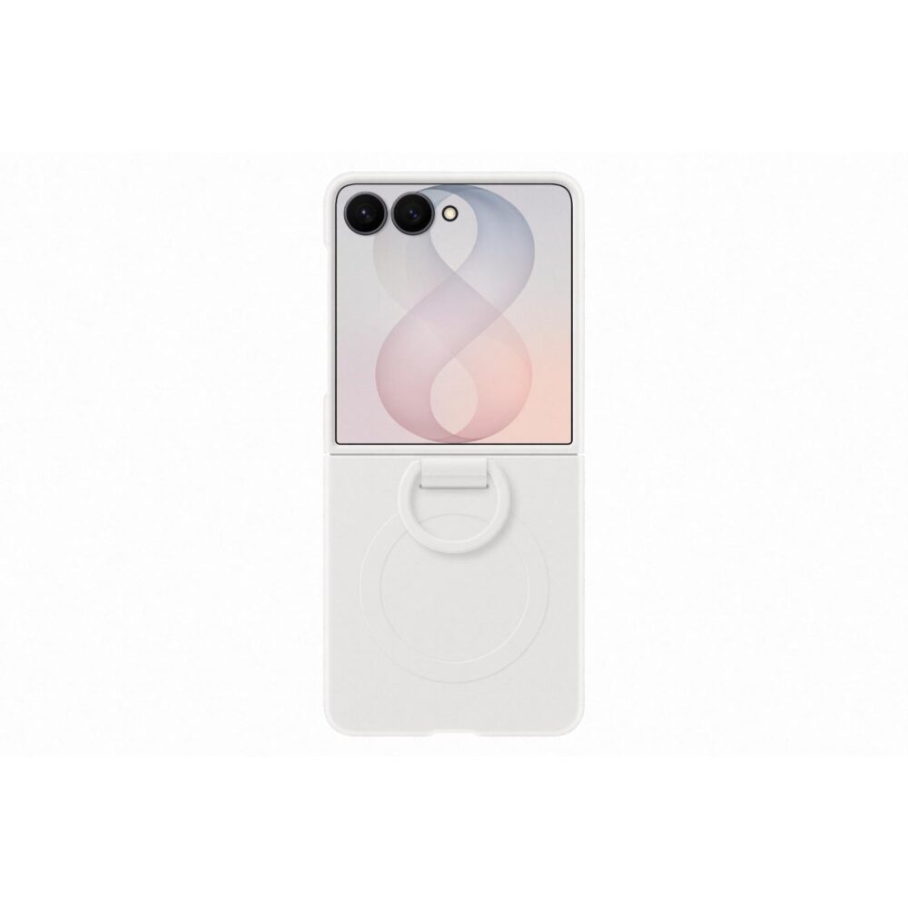 Rear view of the white Samsung Galaxy Z Flip8 Silicone Magnet Case fitted to an open phone, with the integrated ring folded flat