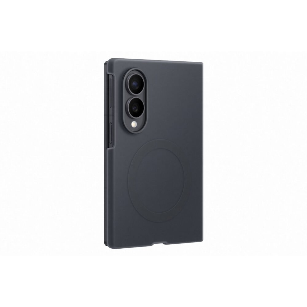 Black Samsung Galaxy Z Fold8 Silicone Magnet Case shown from a rear angle with the raised camera surround and circular magnetic area visible