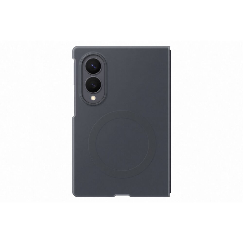 Rear view of the black Samsung Galaxy Z Fold8 Silicone Magnet Case fitted to the folded phone, showing the camera cutout and circular magnetic area