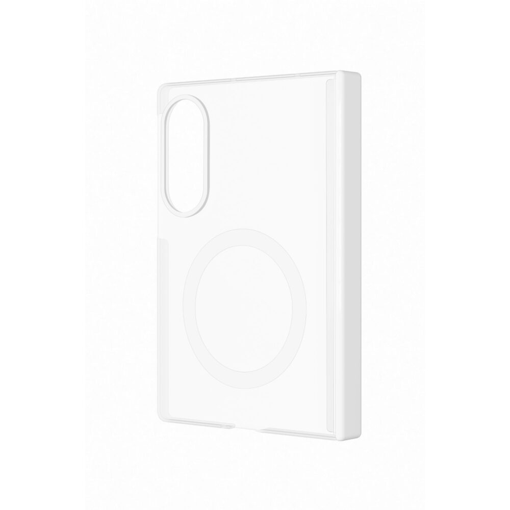 Clear Samsung Galaxy Z Fold8 SMAPP Hinge Protection Magnet Case shown from an angled rear view with the white hinge cover visible.