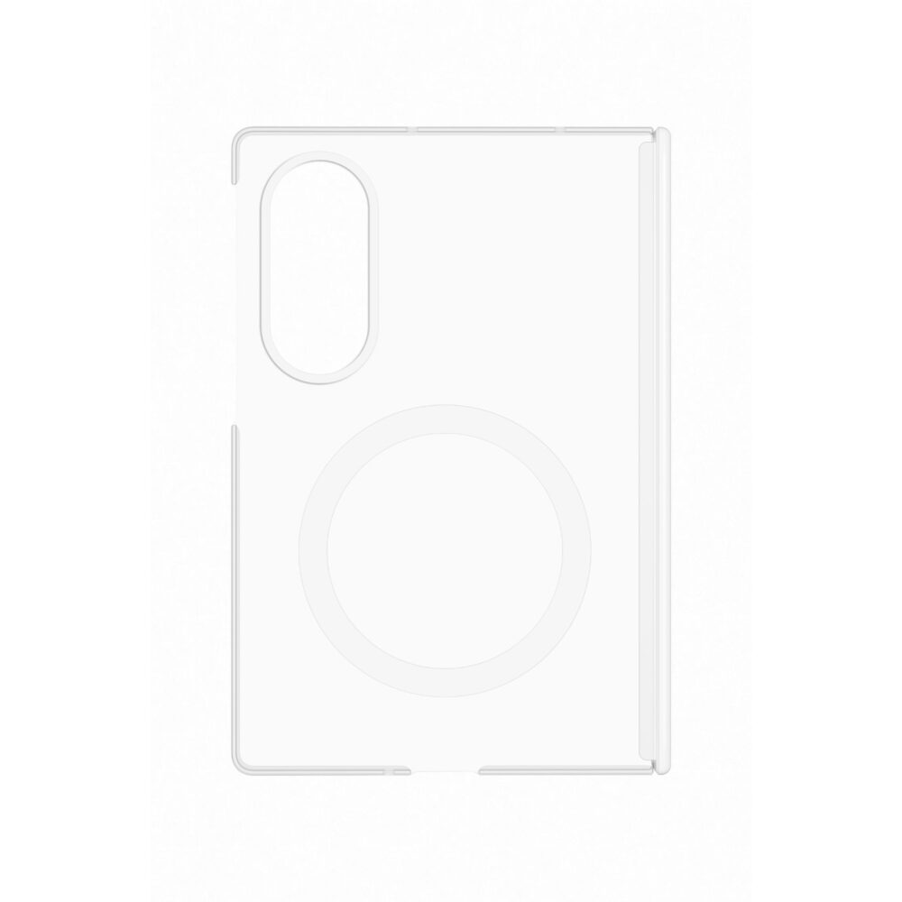 Clear Samsung Galaxy Z Fold8 SMAPP Hinge Protection Magnet Case shown from the rear with its magnetic ring and white hinge cover.
