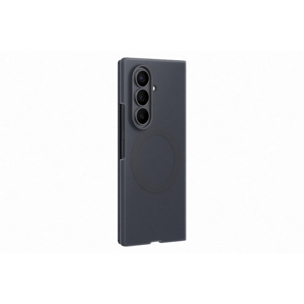 Black Samsung Galaxy Z Fold8 Ultra Silicone Magnet Case shown from a rear angle with the camera surround and circular magnetic area visible