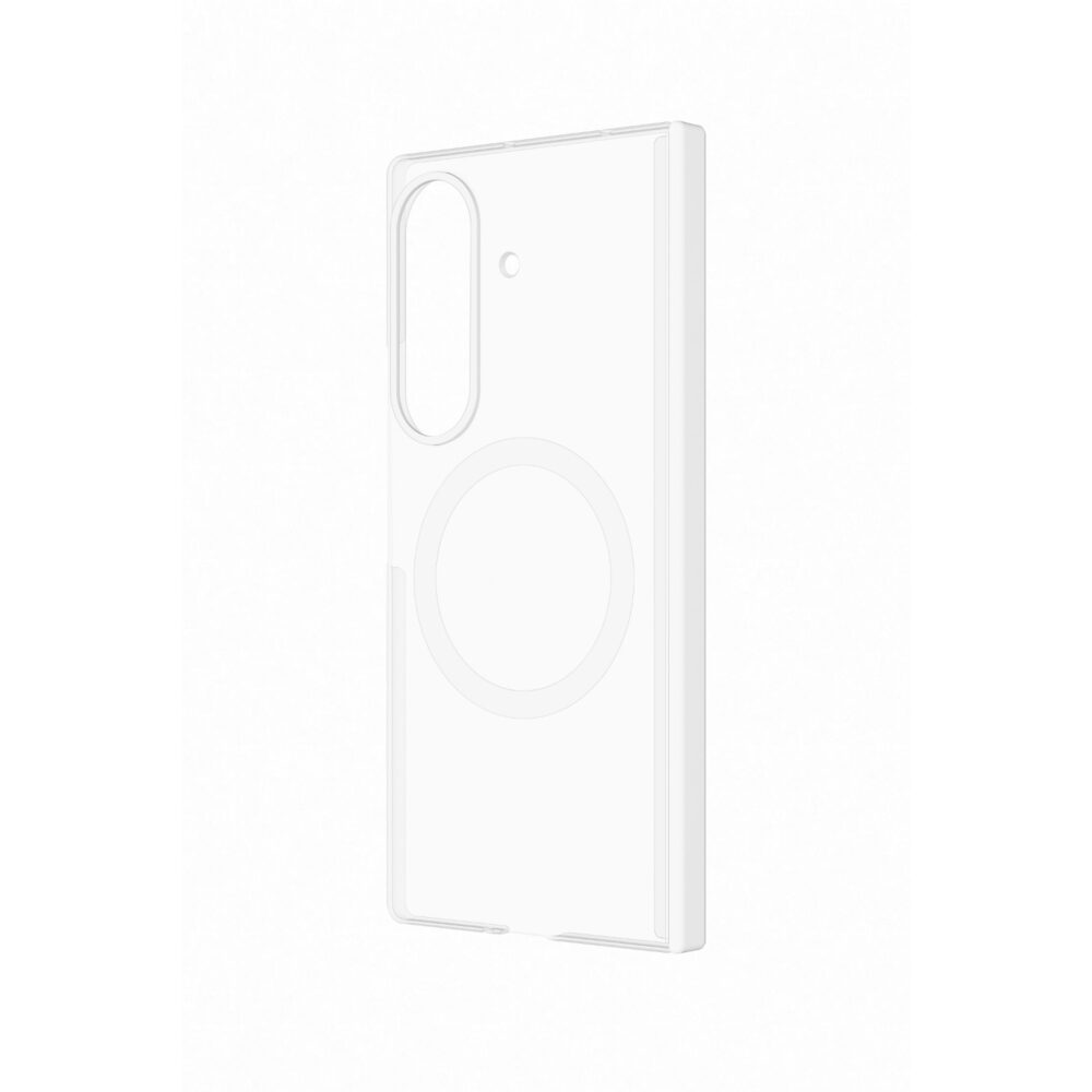 Clear Samsung Galaxy Z Fold8 Ultra SMAPP Hinge Protection Magnet Case shown from an angled rear view with the white hinge cover visible.
