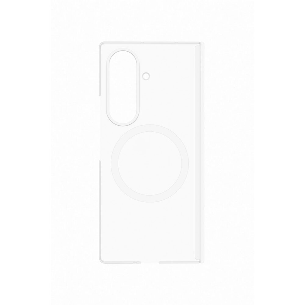 Clear Samsung Galaxy Z Fold8 Ultra SMAPP Hinge Protection Magnet Case shown from the rear with its magnetic ring and white hinge cover.