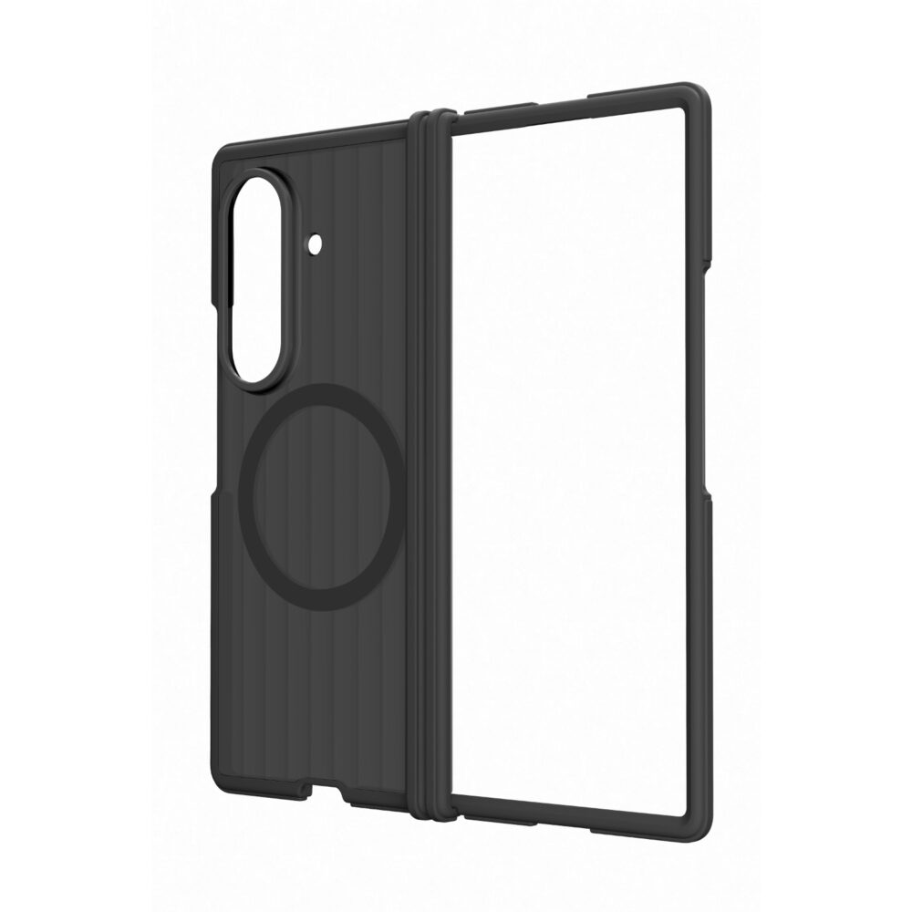 Black Samsung Galaxy Z Fold8 Ultra SMAPP Hybrid Shield Magnet Case shown open from an angled rear view with the magnetic ring and hinge protection visible.