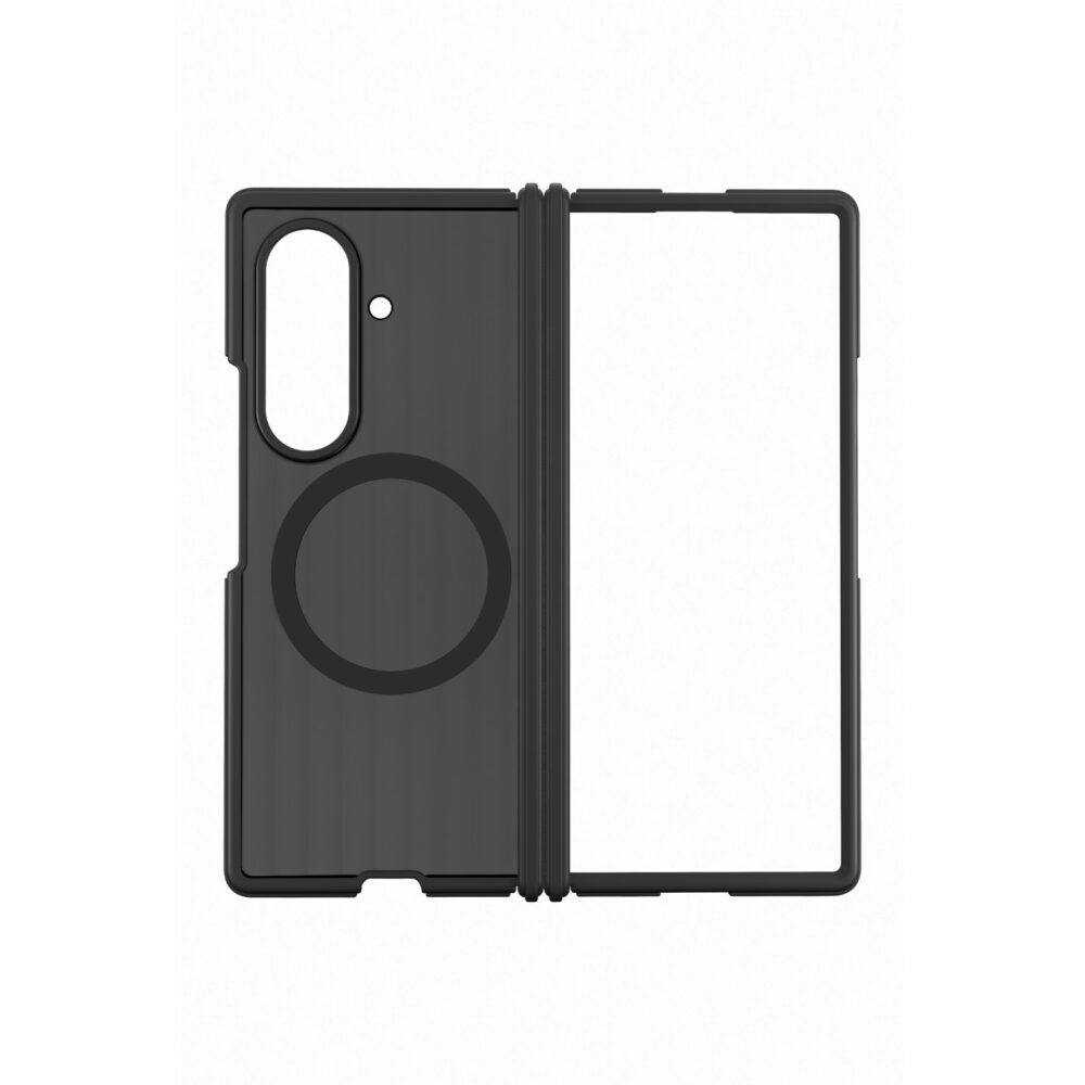 Black Samsung Galaxy Z Fold8 Ultra SMAPP Hybrid Shield Magnet Case shown open from the rear with the magnetic ring and hinge protection visible.