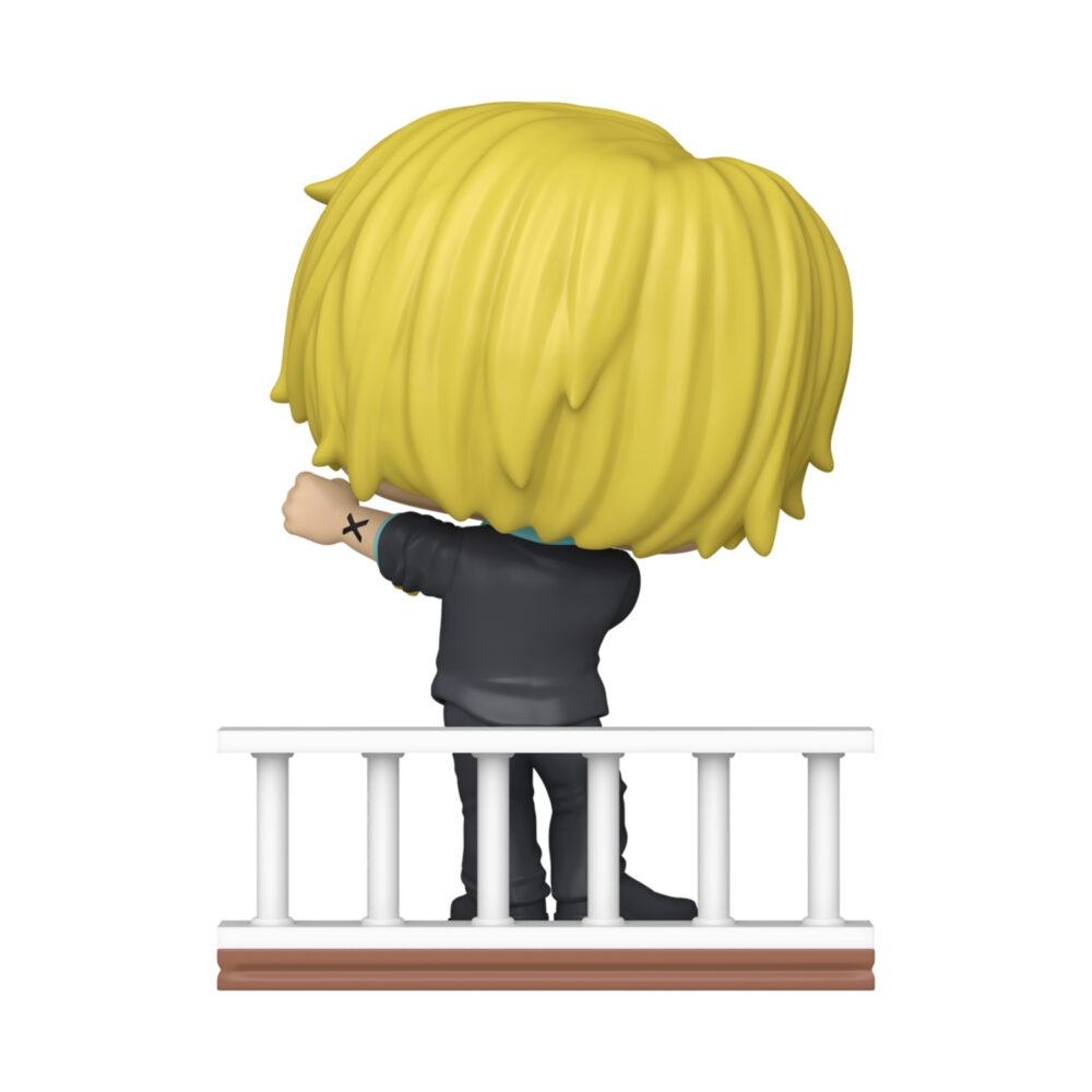 Sanji Going Merry One Piece Funko Pop #2336 shown from the rear with one arm raised while standing behind the ship railing