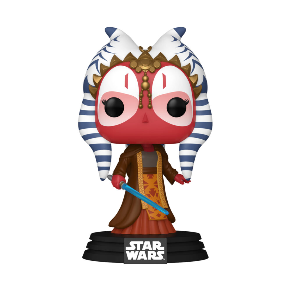 Shaak Ti Star Wars Funko Pop Bobblehead #853 unboxed on a black Star Wars stand, wearing brown Jedi robes and holding a blue lightsaber