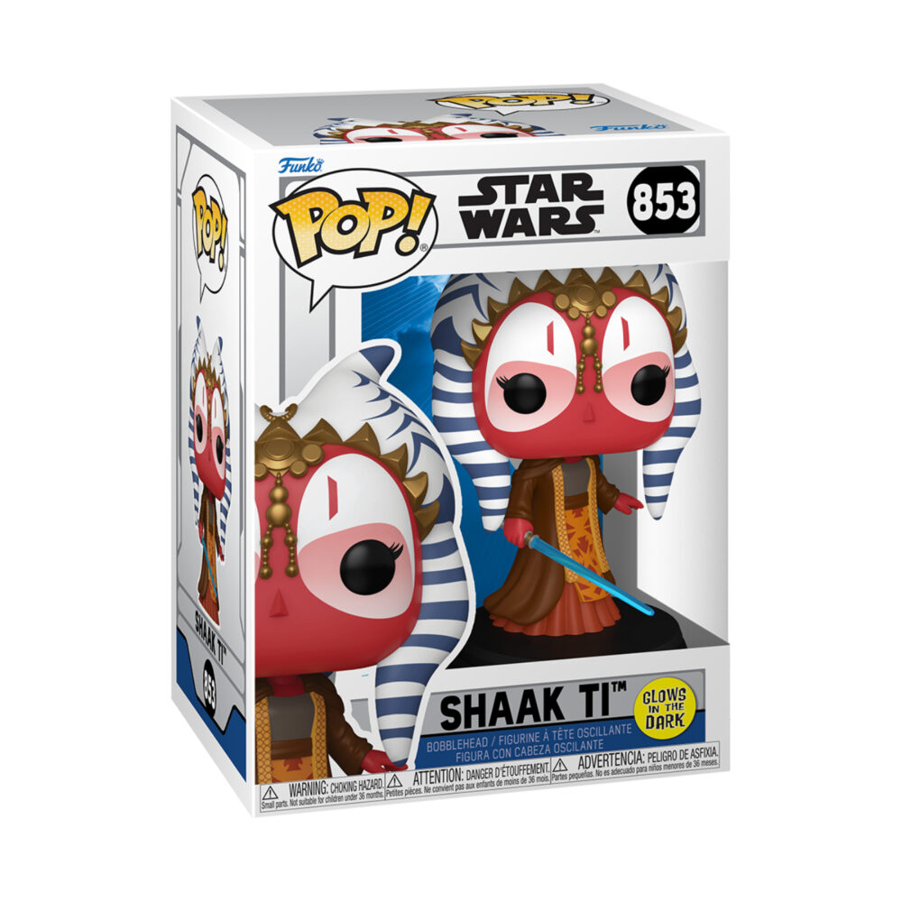 Shaak Ti Star Wars Funko Pop Bobblehead #853 in its window display box with the glow-in-the-dark sticker, striped head-tails and blue lightsaber visible