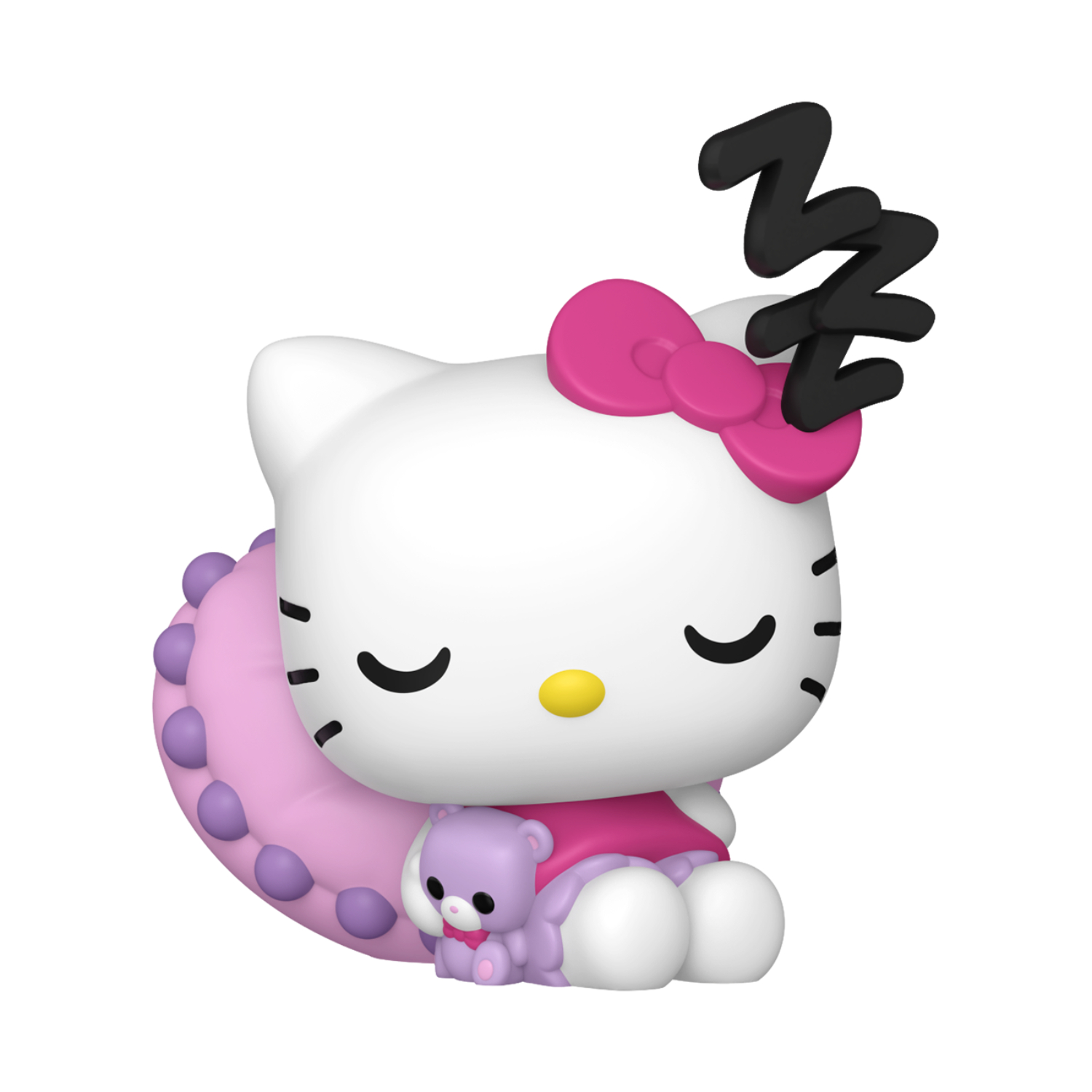 Sleeping Hello Kitty Funko Pop #154 Special Edition unboxed with closed eyes, a pink bow and black sleep symbols while holding a purple teddy bear