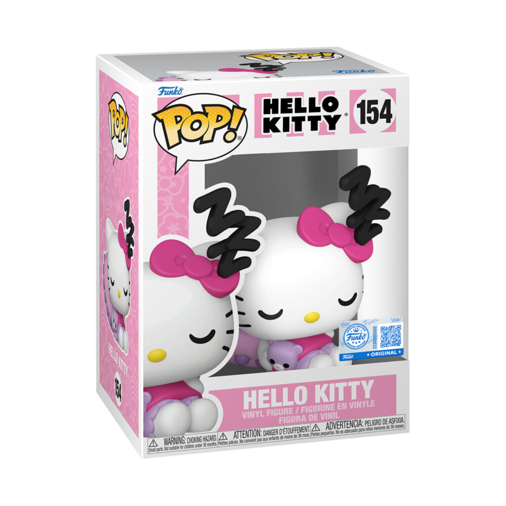 Sleeping Hello Kitty Funko Pop #154 Special Edition in its window display box, resting against a pink cushion while holding a purple teddy bear