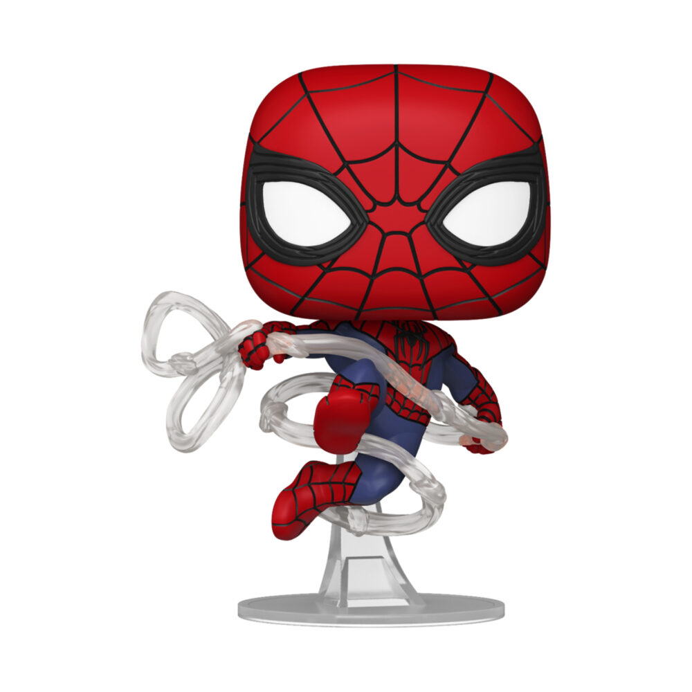 Unboxed Spider-Man: Brand New Day Funko Pop #1586 in a dynamic red-and-blue pose with clear web effects and a display stand