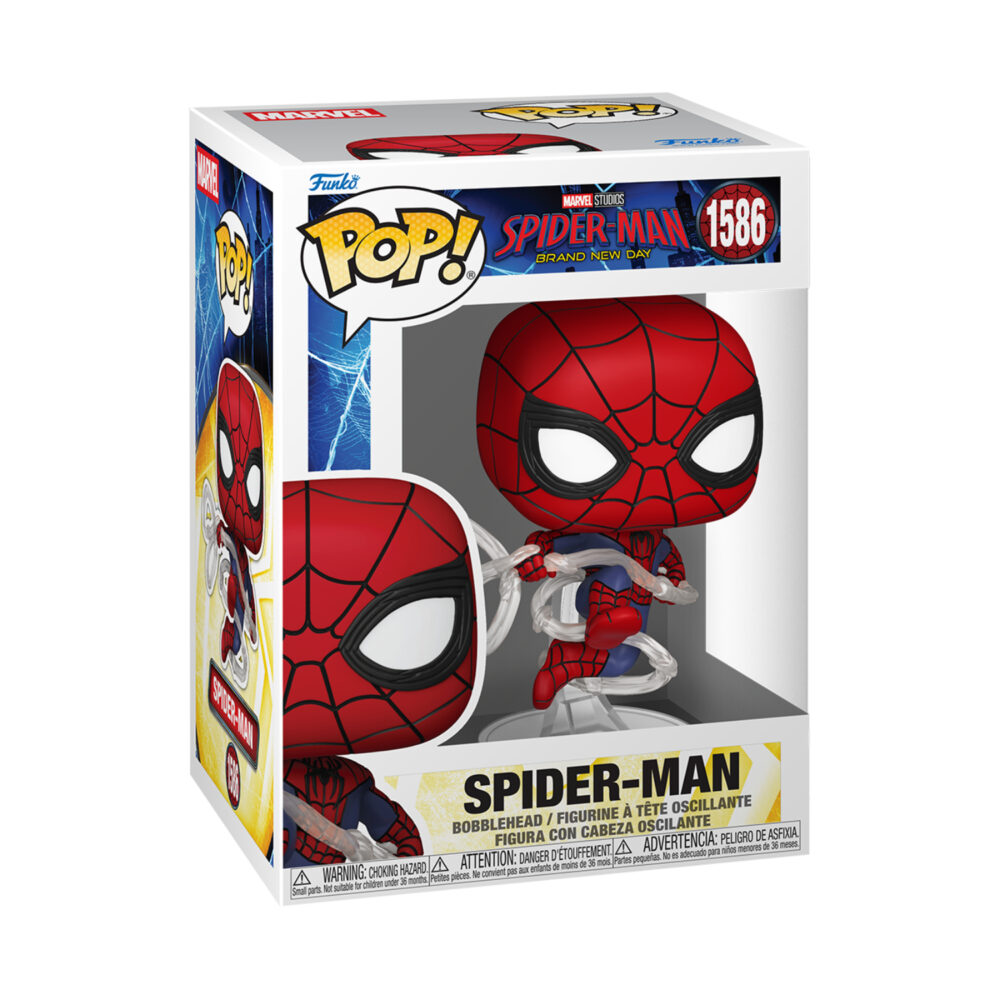 Spider-Man: Brand New Day Funko Pop #1586 shown in its window display box from a front-left angle, with clear web effects around the figure