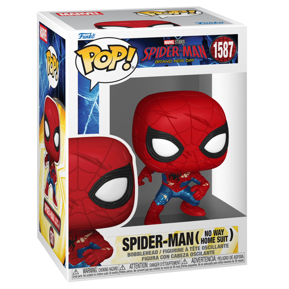Spider-Man No Way Home Suit Funko Pop #1587 displayed in its Brand New Day window box from a front-left angle