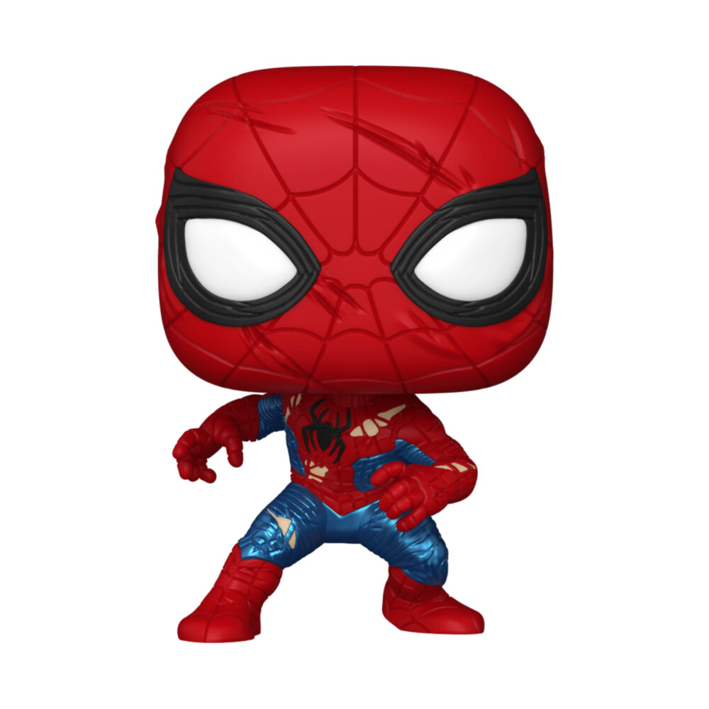 Unboxed Spider-Man Funko Pop #1587 in a crouched pose wearing a battle-damaged red-and-blue No Way Home suit
