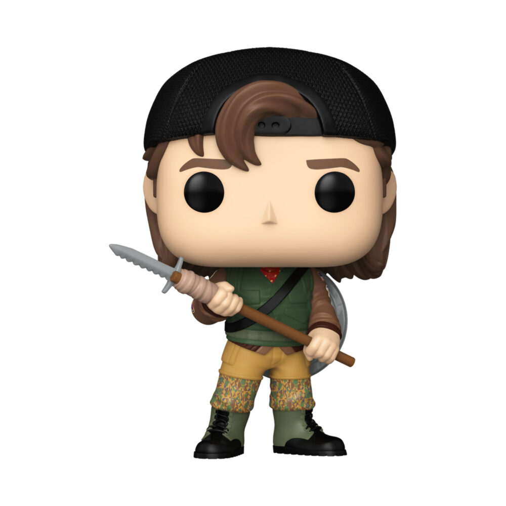 Unboxed Steve Harrington Stranger Things Funko Pop #1888 wearing a backwards black cap, green vest and boots while holding a spear