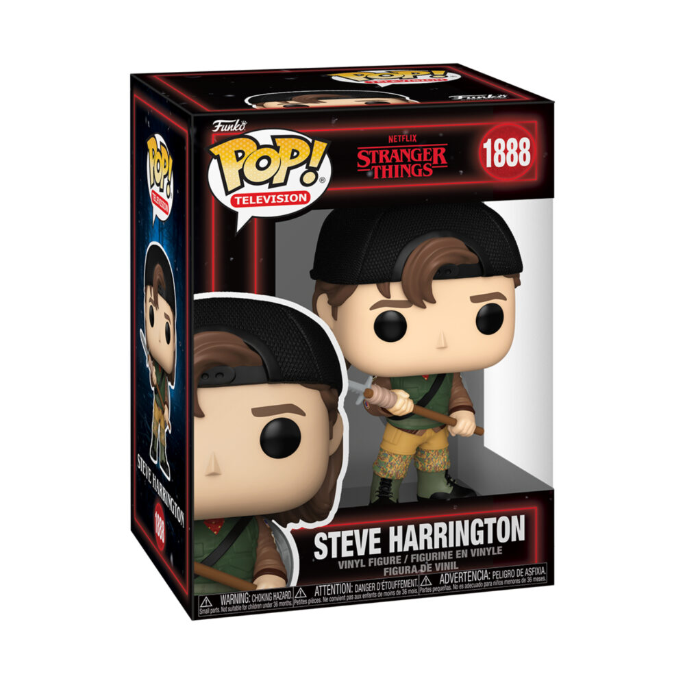 Steve Harrington Stranger Things Funko Pop #1888 holding a spear inside its window display box, shown from a front-left angle