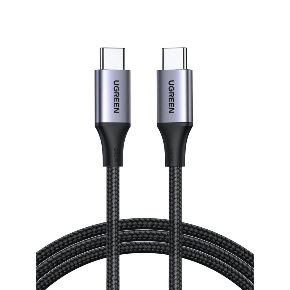 Grey 1 metre UGREEN 240W PD USB-C to USB-C braided cable shown coiled with both connector heads visible.