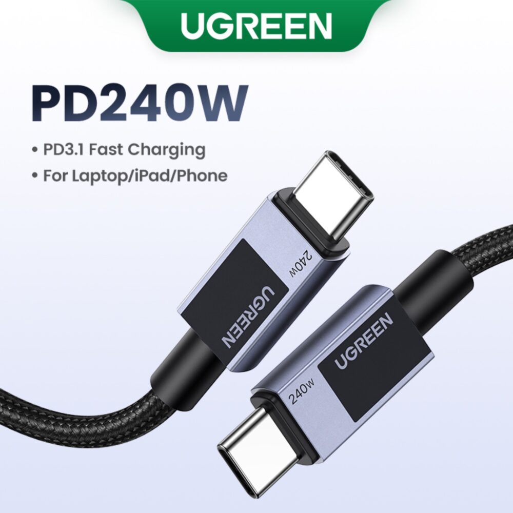Grey UGREEN 240W PD USB-C to USB-C braided cable shown from an angled close-up view with both connectors.