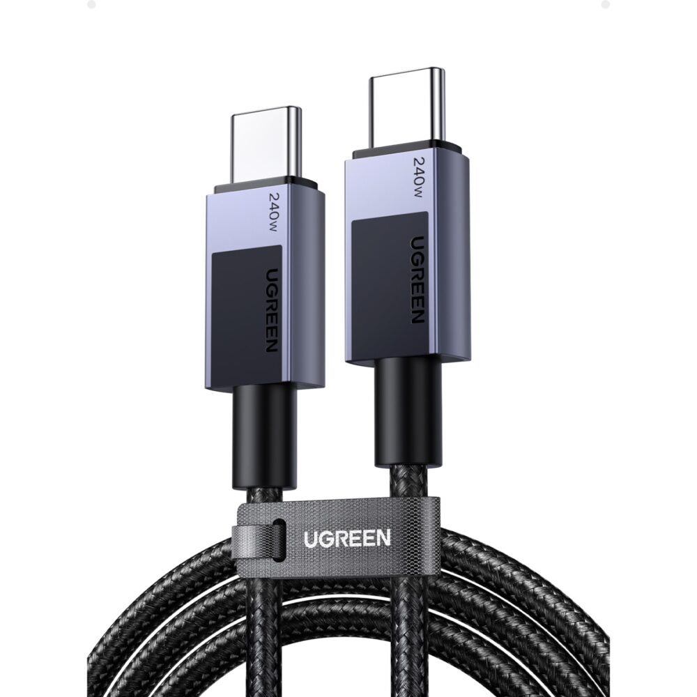 Grey 2 metre UGREEN 240W PD USB-C to USB-C braided cable shown coiled with both connectors and cable strap.