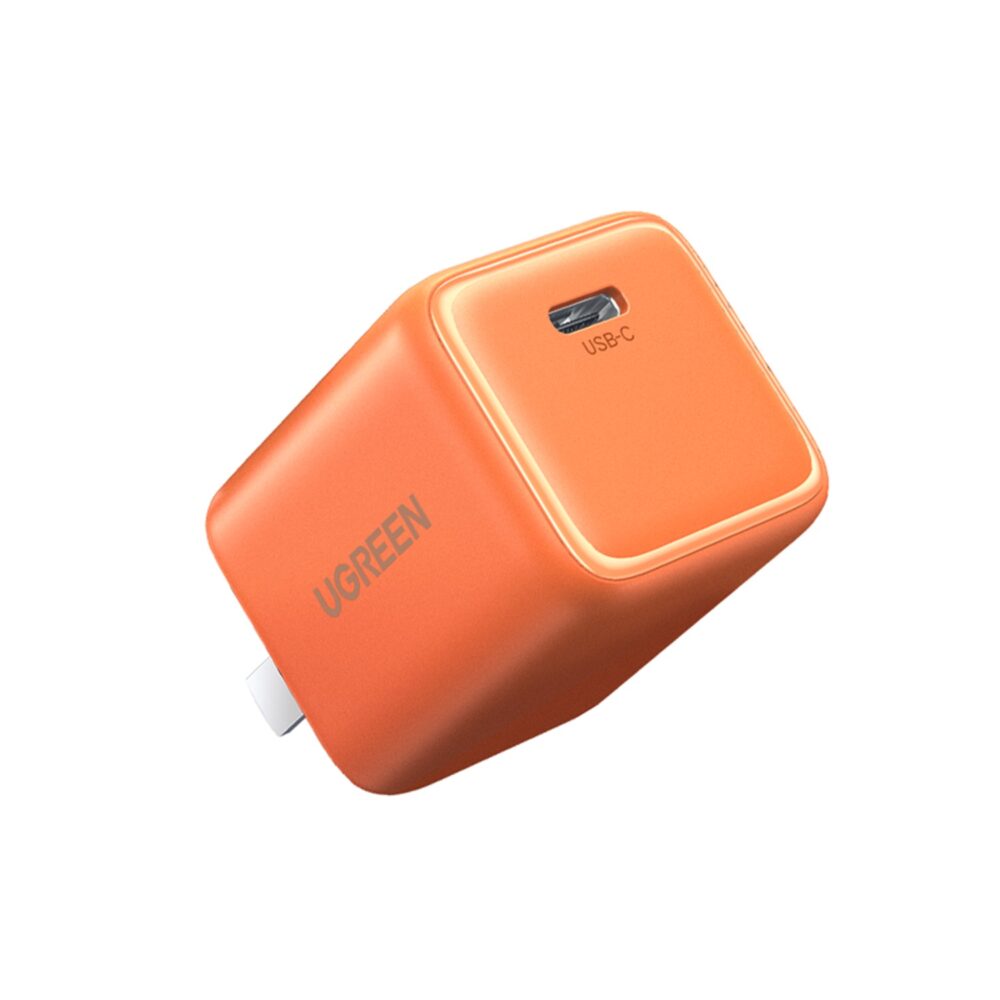 Orange UGREEN 45W GaN USB-C PD wall charger shown from an angled view with its single USB-C port visible.