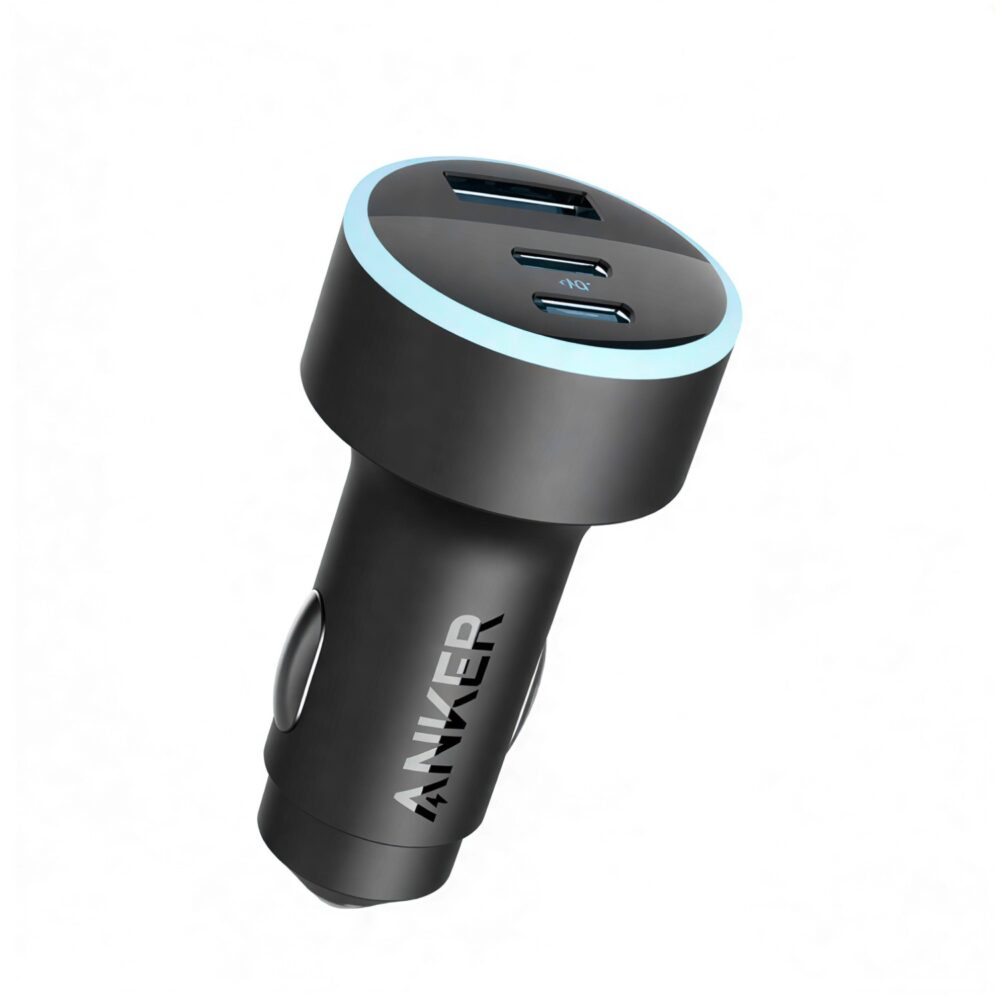 Black Anker 67W 3-port car PD fast charger shown at an angle with two USB-C ports and one USB-A port visible.