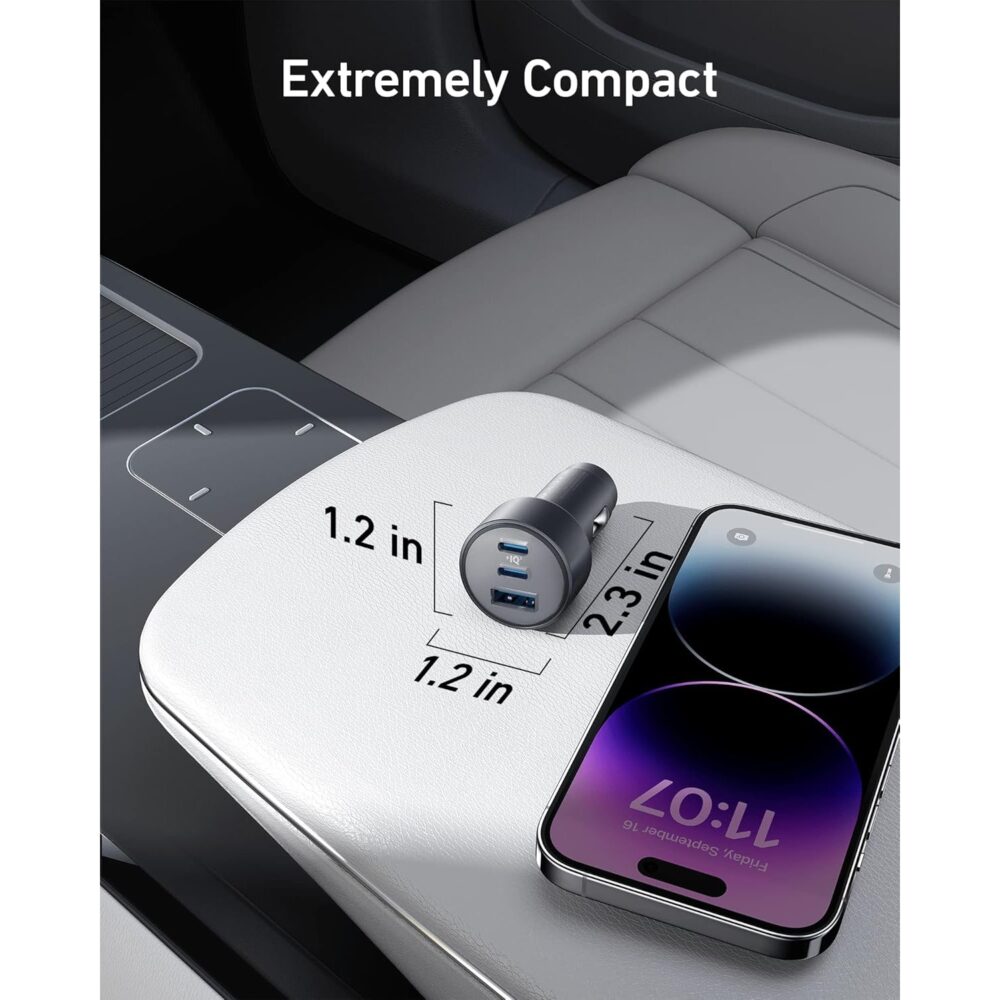 Compact-size feature graphic showing the black Anker 67W 3-port car charger beside a smartphone on a vehicle console.
