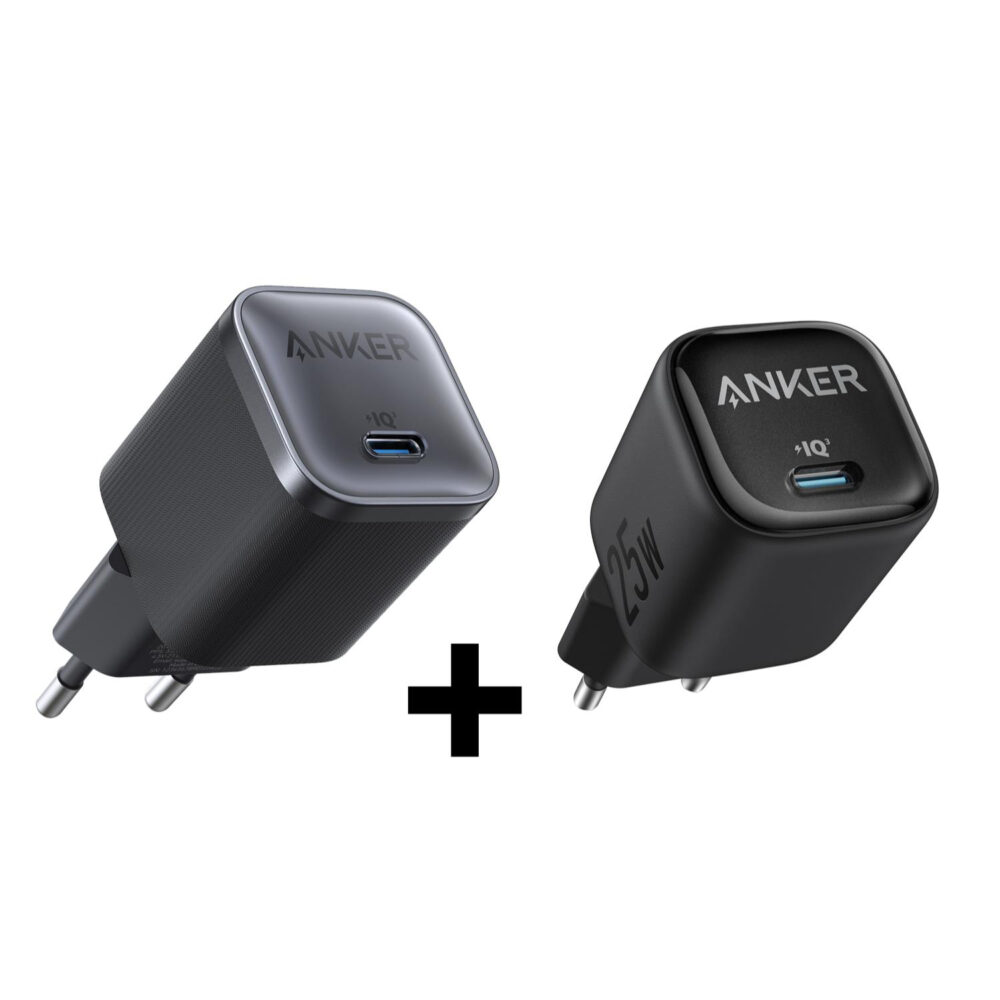 Black Anker Nano charging bundle showing the larger USB-C wall charger beside the 25W USB-C wall charger.