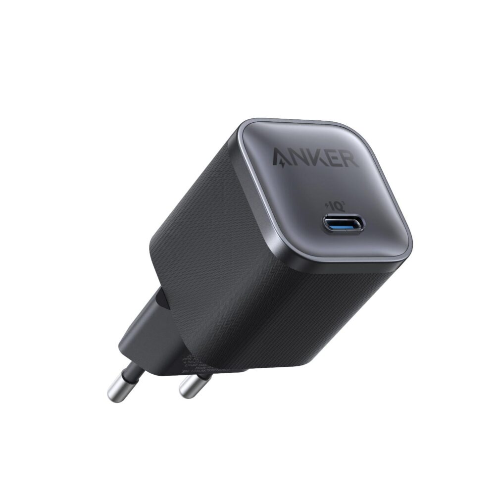 Larger black USB-C wall charger from the Anker Nano 45W + 25W charging bundle shown at an angle.