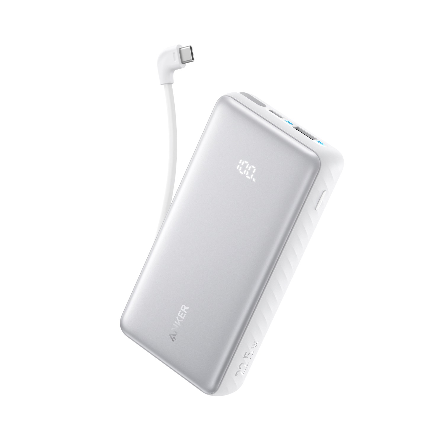 White Anker Zolo 10000mAh 22.5W power bank shown at an angle with the built-in USB-C cable extended and the digital display reading 100%.