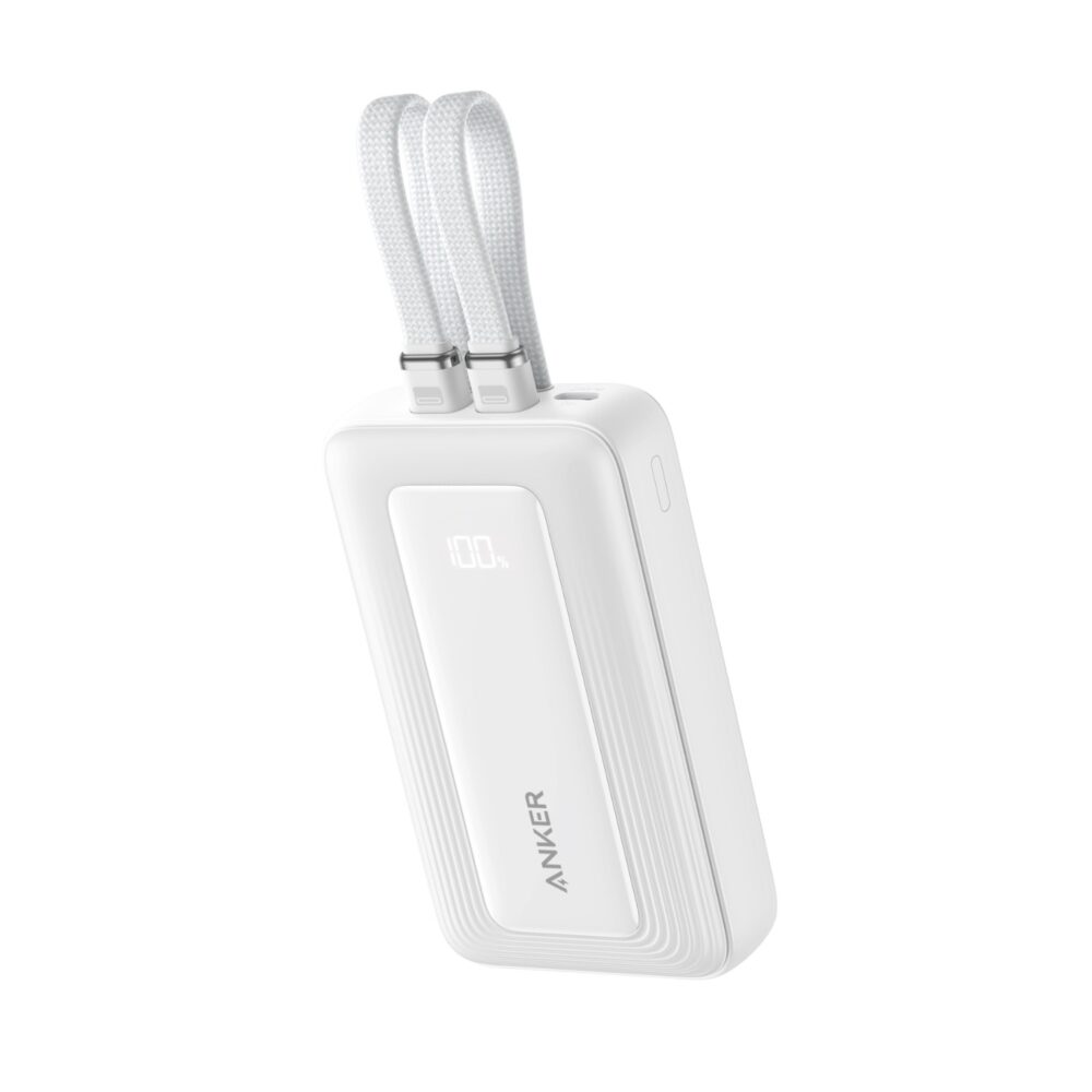 White Anker Zolo 10000mAh 35W power bank shown at an angle with its dual built-in USB-C cables folded at the top and the display reading 100%.