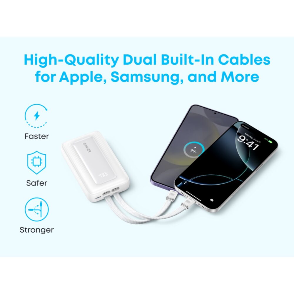 Feature graphic for the white Anker Zolo 10000mAh 35W power bank charging two phones with its dual built-in USB-C cables.