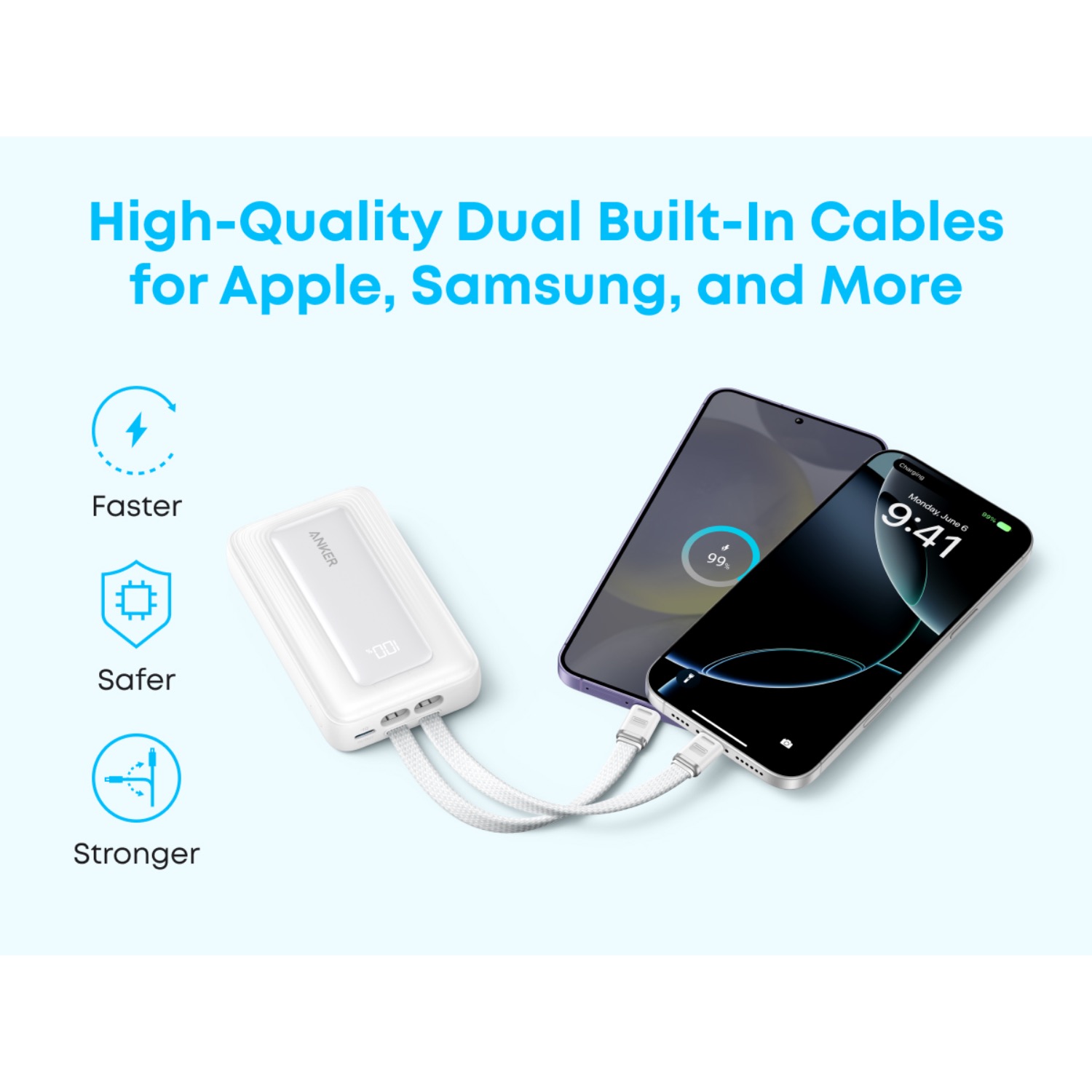 Feature graphic for the white Anker Zolo 10000mAh 35W power bank charging two phones with its dual built-in USB-C cables.