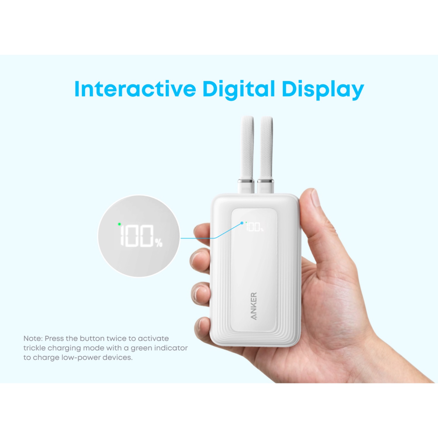 Interactive digital display feature graphic for the white Anker Zolo 10000mAh 35W power bank shown in a hand with the battery display at 100%.
