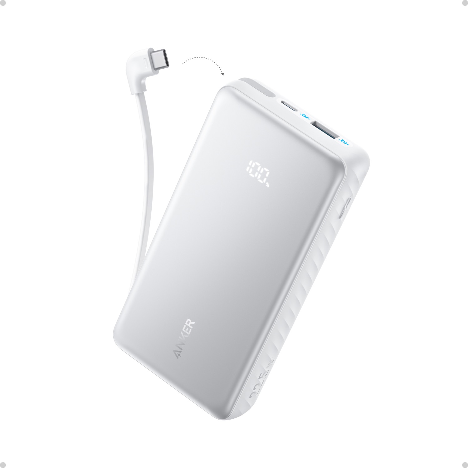 Angled product view of the white Anker Zolo 20000mAh 22.5W power bank showing the built-in USB-C cable head, top ports and 100% digital display.